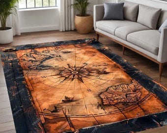 May include: A rectangular area rug featuring a vintage map design. The rug has a central compass rose and detailed cartography in shades of brown and orange. The border is dark blue with a wood-grain texture, adding a rustic touch to the floor covering.