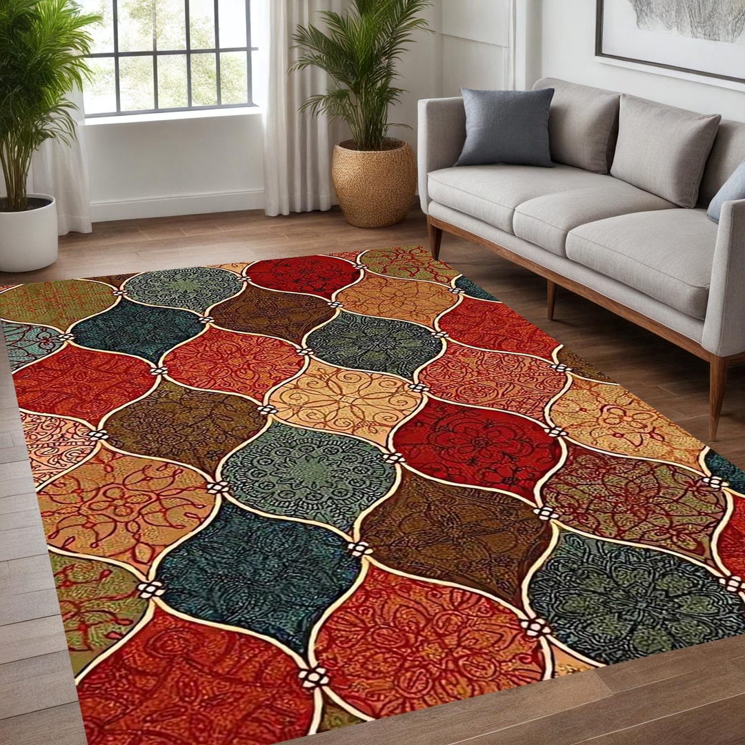 Tile Look Rug Colorful Moroccan Tile Rug: Boho Living Room Carpet - Etsy