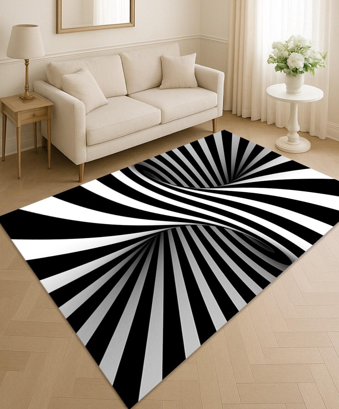 3d Pattern Rugs Optical Illusion Rug: 3D Tunnel Effect, Black & White Striped Pattern ...