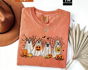 Comfort Colors Halloween Ghost Dogs Shirt, Dog Lovers Halloween Gift, Spooky Dogs Shirt, Halloween Cute Ghosts Shirt
