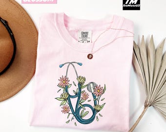 Comfort Colors Floral Stethoscope Shirt, Floral Nurse Shirt, Stethoscope & Heart Print, Nurse Appreciation Gift, RN Shirt