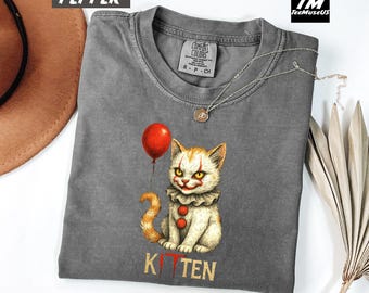 Comfort Colors Spooky Clown Cat Graphic Tee, Scary Kitten Shirt