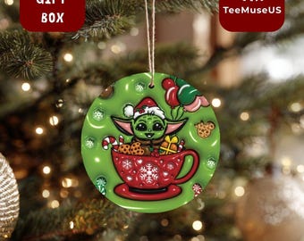 Adorable Green Elf in Festive Cocoa Cup Christmas Ornament