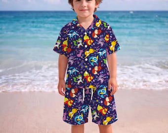Umbreon Eevee Hawaiiaans kindershirt, tropisch shirt met knopen, leuk kleurrijk zomercadeau, outfit strandset voor kinderen, Eevee Evolutions-shirt