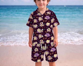 Camisa hawaiana infantil Snorlax: Conjunto veraniego de verano con botones y estampado tropical morado