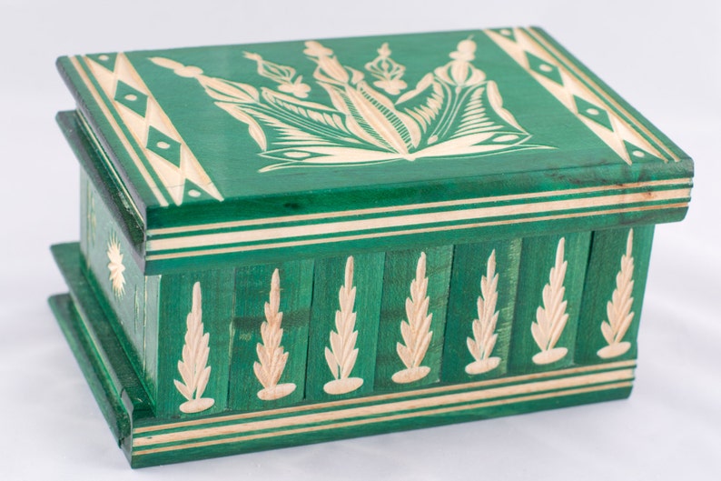 Puzzle Jewelry Box W Secret Chamber Wooden Green W/ Lock & Key Etsy
