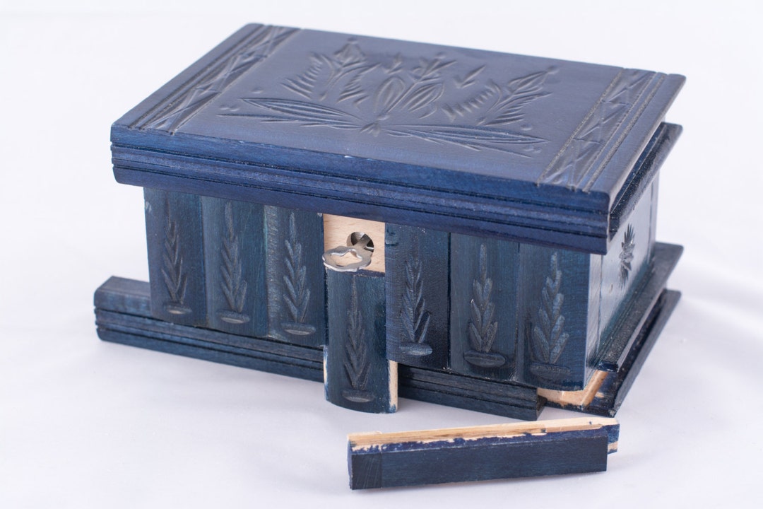 Hinged Trinket Wooden Jewelry Puzzle Box W/ Lock Key Blue Etsy