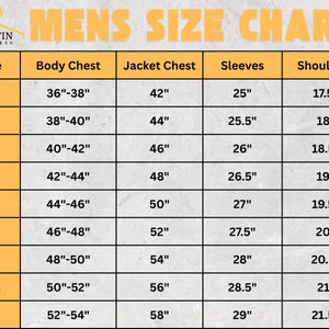 Puede incluir: Tabla de tallas de chaquetas para hombre, con medidas en pulgadas. La tabla incluye tallas de XS a 5XL, detallando pecho, chaqueta, mangas y hombros. El logotipo de Justin Jackets est&aacute; en la parte superior izquierda.