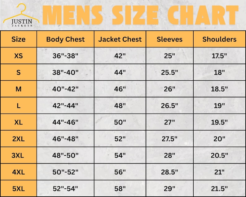 Puede incluir: Tabla de tallas de chaquetas para hombre, con medidas en pulgadas. La tabla incluye tallas de XS a 5XL, detallando pecho, chaqueta, mangas y hombros. El logotipo de Justin Jackets est&aacute; en la parte superior izquierda.