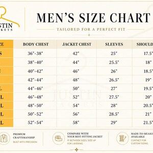 Pu&ograve; includere: Tabella taglie da uomo Justin Jackets, beige, con misure in pollici. Include taglie XS-5XL, dettagliando petto, giacca, maniche e spalle. Informazioni su artigianato premium e opzioni su misura.