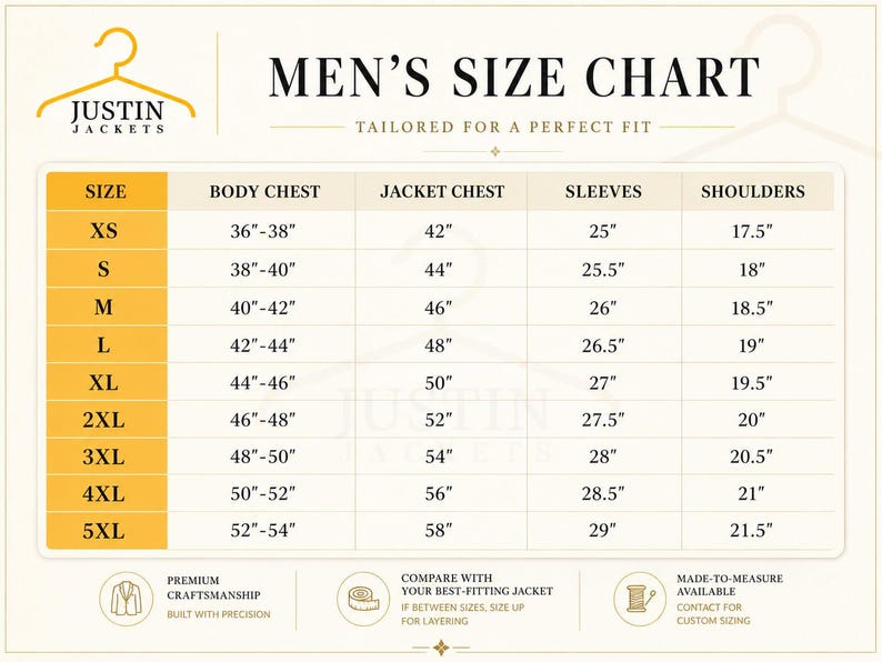 Pu&ograve; includere: Tabella taglie da uomo Justin Jackets, beige, con misure in pollici. Include taglie XS-5XL, dettagliando petto, giacca, maniche e spalle. Informazioni su artigianato premium e opzioni su misura.