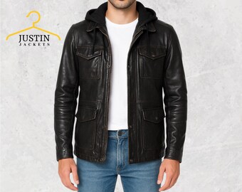 Men’s Vintage Black Distressed Leather Jacket with Removable Hood Insert – Handcrafted Moto Style, Winter Essential, Rugged Gift for Him