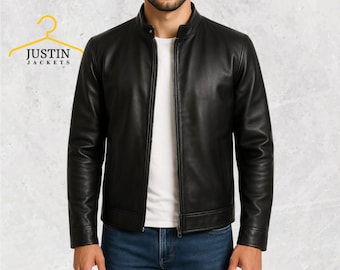 Chaqueta de cuero Café Racer negra para hombre: prenda exterior de cuero auténtico hecha a mano, diseño minimalista de motociclista, un regalo imprescindible para él en otoño.