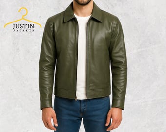 Men’s Olive Green Leather Shirt Collar Jacket – Handcrafted Real Leather Outerwear, Vintage-Inspired Classic Design, Gift for Him jacket