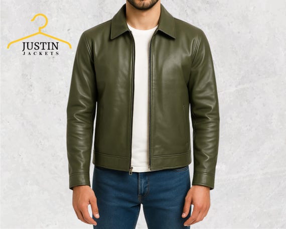 Men’s Olive Green Leather Shirt Collar Jacket – Handcrafted Real Leather Outerwear, Vintage-Inspired Classic Design, Gift for Him jacket