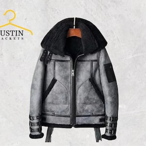 Premium Men’s Gray RAF B3 Bomber Jacket – Shearling Aviator Winter Leather Flight Coat