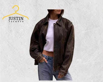 Vintage 1980s Oversized Leather Jacket: Distressed Sheepskin A2