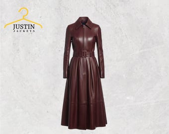 Brown Leather Long Coat for Women Vintage Handcrafted Real Leather Winter Essential Elegant Stylish Full-Length Overcoat Outerwear