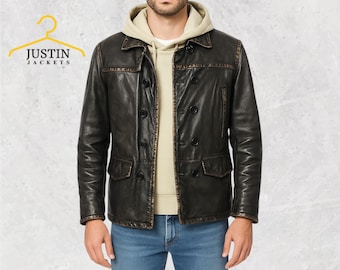 Men’s Distressed Black Leather Trucker Jacket – Handcrafted Vintage Button-Up Outerwear with Flap Pockets, Faded Seams jacket