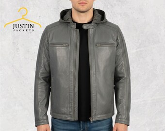 Mens Zipper Front Leather Jacket with Removable Hood – Premium Vintage Moto Style, Handcrafted Biker Gear, Winter Streetwear Leather Jacket