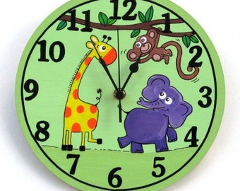 Green Wall Clock With Cute Animals Paintings