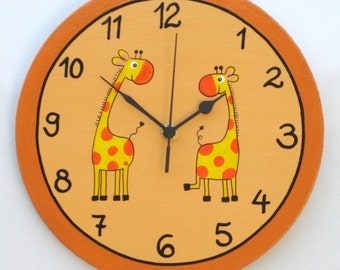 Orange Peach Wooden Wall Clock With Giraffes Painting