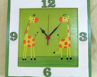 Green Wall Clock With Giraffes Painting