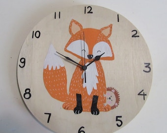 Happy Fox & Hedgehog childrens room wood wall clock