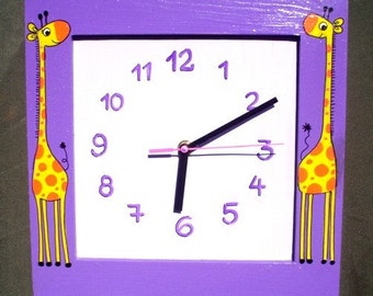Purple Wooden Wall Clock With Giraffes Painting