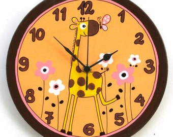 Wooden Wall Clock Painted With Giraffe And Flowers