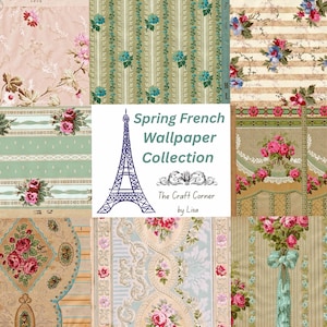 May include: A collection of vintage-style wallpaper samples with floral and striped patterns in pastel colors. The image includes a central graphic with the Eiffel Tower and the text "Spring French Wallpaper Collection".