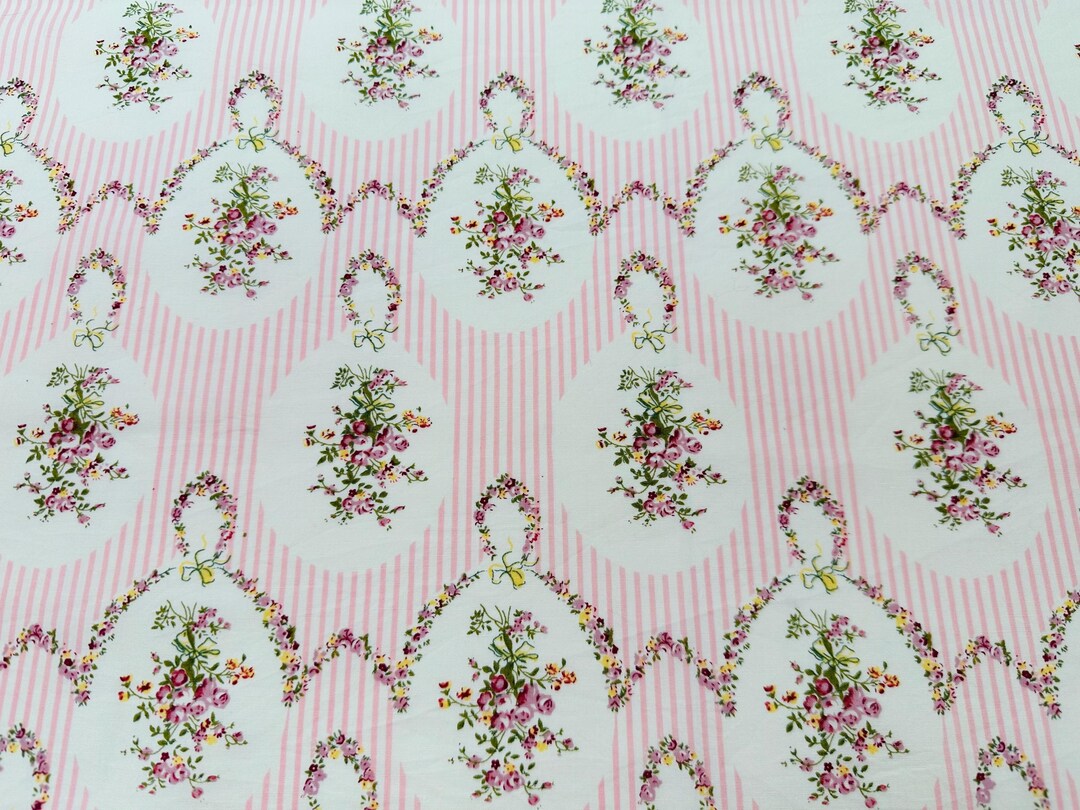 Vintage French Floral Stripe Fabric, Pink Roses Garland, Shabby Chic ...