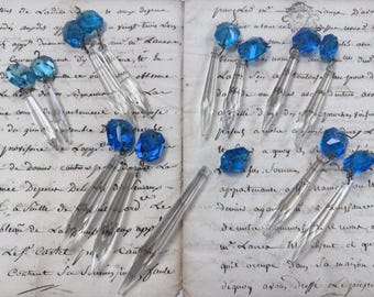 Antique French Chandelier Crystal Prisms, Blue Octagon Drops (Set of 2)