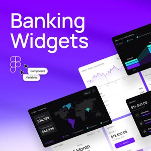 May include: Digital banking widgets with financial data displays. The image shows multiple screens with charts, graphs, and data visualizations. Text includes "Banking Widgets", "Component", "Variables", and financial metrics.