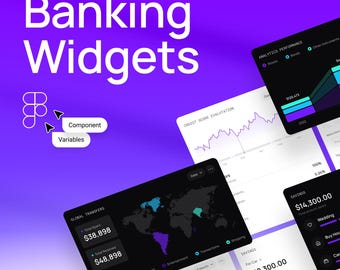 May include: Digital banking widgets with financial data displays. The image shows multiple screens with charts, graphs, and data visualizations. Text includes "Banking Widgets", "Component", "Variables", and financial metrics.