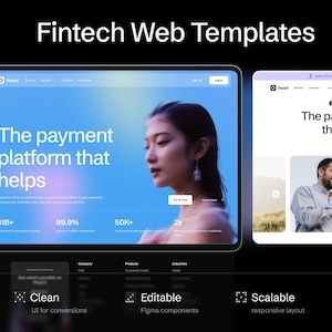 May include: A digital display showing 80+ Fintech Web Templates with a central interface featuring the text The payment platform that helps, alongside various UI components, navigation menus, and data metrics on a dark background.