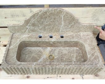 Luxury Brown Marble Sink with Fluted Edges & Backsplash, Rectangular Carved Bathroom Basin, Vanity Marble Washbasin, Elegant Stone Sink
