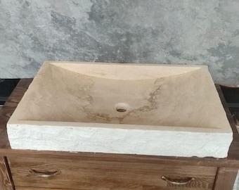Lavabo de piedra travertino – Lavabo de encimera hecho a mano / Tocador de mármol beige natural para baños modernos de lujo