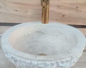 Lavabo de piedra travertino – Lavabo de encimera hecho a mano / Tocador de mármol beige natural para baños modernos de lujo