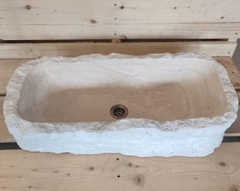 Lavabo de piedra travertino – Lavabo de encimera hecho a mano / Tocador de mármol beige natural para baños modernos de lujo