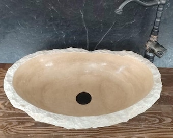 Lavabo de piedra travertino – Lavabo de encimera hecho a mano / Tocador de mármol beige natural para baños modernos de lujo