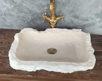 Lavabo de piedra travertino – Lavabo de encimera hecho a mano / Tocador de mármol beige natural para baños modernos de lujo