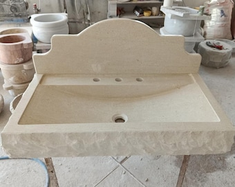 Lavandino rustico in pietra artigianale con paraschizzi, lavabo rettangolare da bagno, elegante lavabo in stile rustico, mobiletto da bagno unico