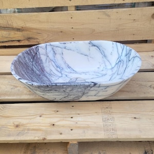 Elegant Oval Calacatta Lilac Marble Vessel Sink Basin, Polished Natural Stone Bathroom Washroom Countertop Vanity Basin, Modern Home Decor