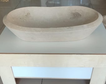 Lavandino ovale in travertino naturale fatto a mano, lavabo in marmo, lavabo da bagno con bordo spesso, mobiletto per il bagno unico, arredamento rustico moderno