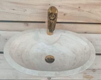 Lavabo de piedra travertino – Lavabo de encimera hecho a mano / Tocador de mármol beige natural para baños modernos de lujo