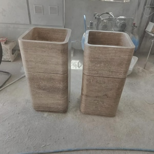 Modern Travertine Stone Pedestal Vertical Stone Sink, Rectangular Bathroom Basin, Handmade Marble Vessel Sink, Sinks for Luxury Bath Decor