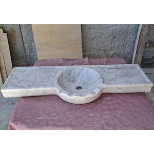 Custom Rectangular Carrara Marble Sink Countertop, Integrated Round Basin, Vanity Top, Bathroom or Kitchen Stone Basin, Modern Elegant Decor