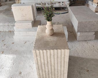 Handcrafted Modern Travertine Fluted Console Table (Gift Vase), Rectangular Stone Pedestal, Marble Entryway Table, Minimalist Hallway Decor,