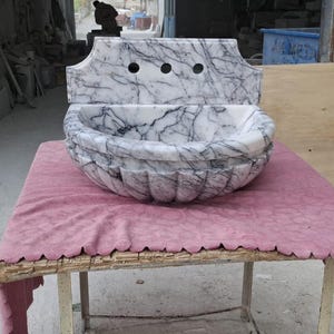 Handcrafted Calacatta Lilac Marble Wash Basin with Fluted Sides & Backsplash, Deep Bowl Sink for Luxury Bathroom or Vanity Decor